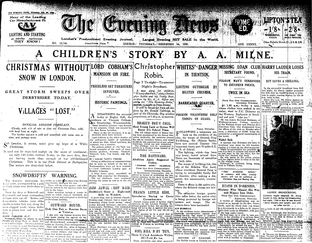 Winnie-the-Pooh makes a debut in the evening news on Christmas Eve 1925.
