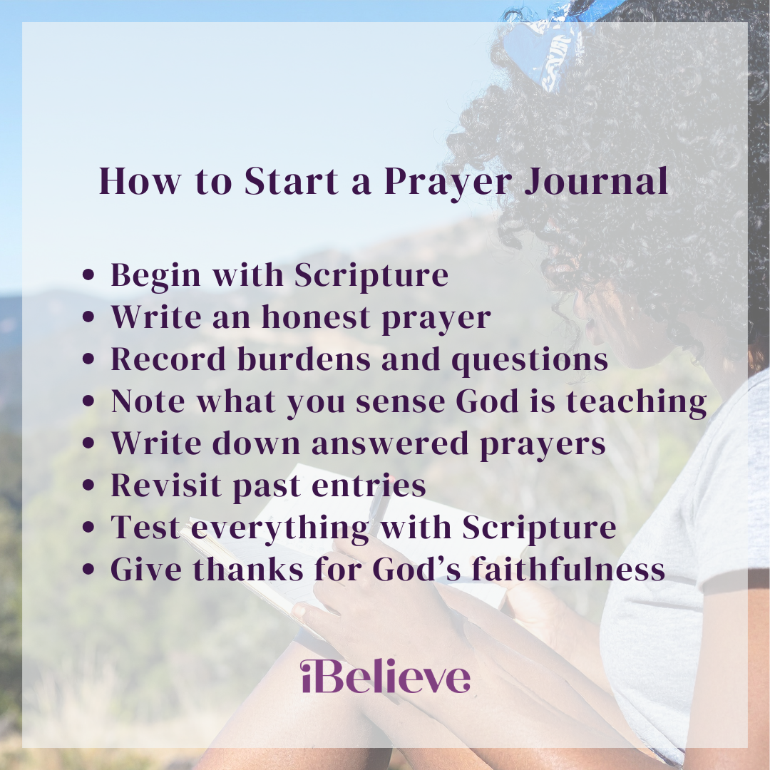 Infographic titled How to Start a Prayer Journal, featuring a woman writing in a journal and practical tips for beginning a Scripture-centered prayer journal, including recording prayers, answered prayers, and Gods faithfulness.