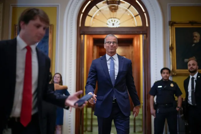 Senate Majority Leader John Thune, R-S.D., leaves the chamber at the Capitol in Washington, Thursday, June 18, 2026. (AP Photo/J. Scott Applewhite)