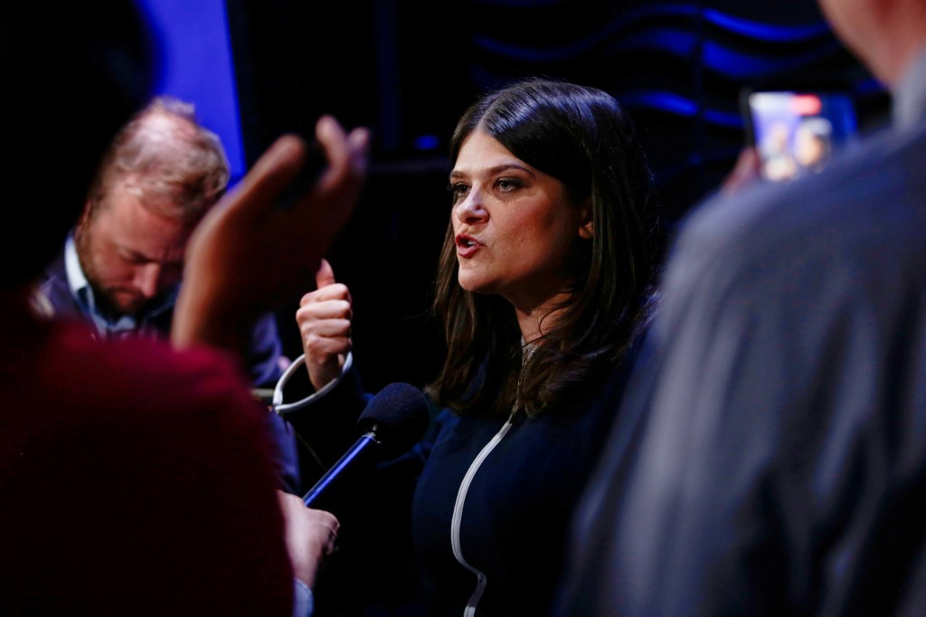 Michigan U.S. Sen candidate, Rep. Haley Stevens, D-Mich., speaks with media after a debate at WoodTV studios on Tuesday, July 7, 2026, in Grand Rapids, Mich. (AP Photo/Kristen Norman)

