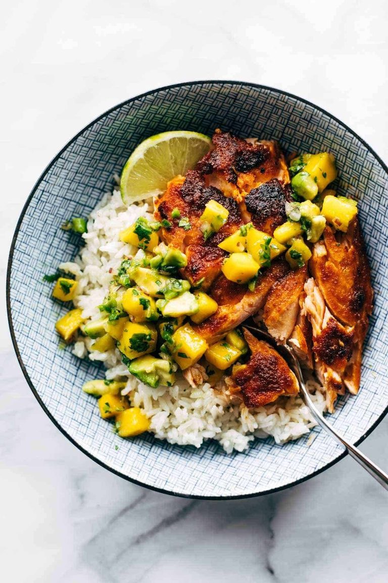 BBQ salmon bowl with rice.