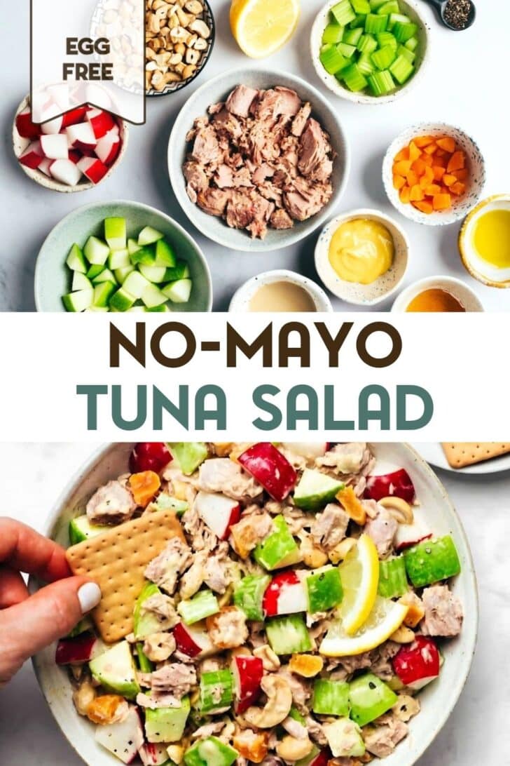 Ingredients in bowls for healthy tuna salad with no mayo and a bowl of finishes tuna salad with a text overlay for pinterest.
