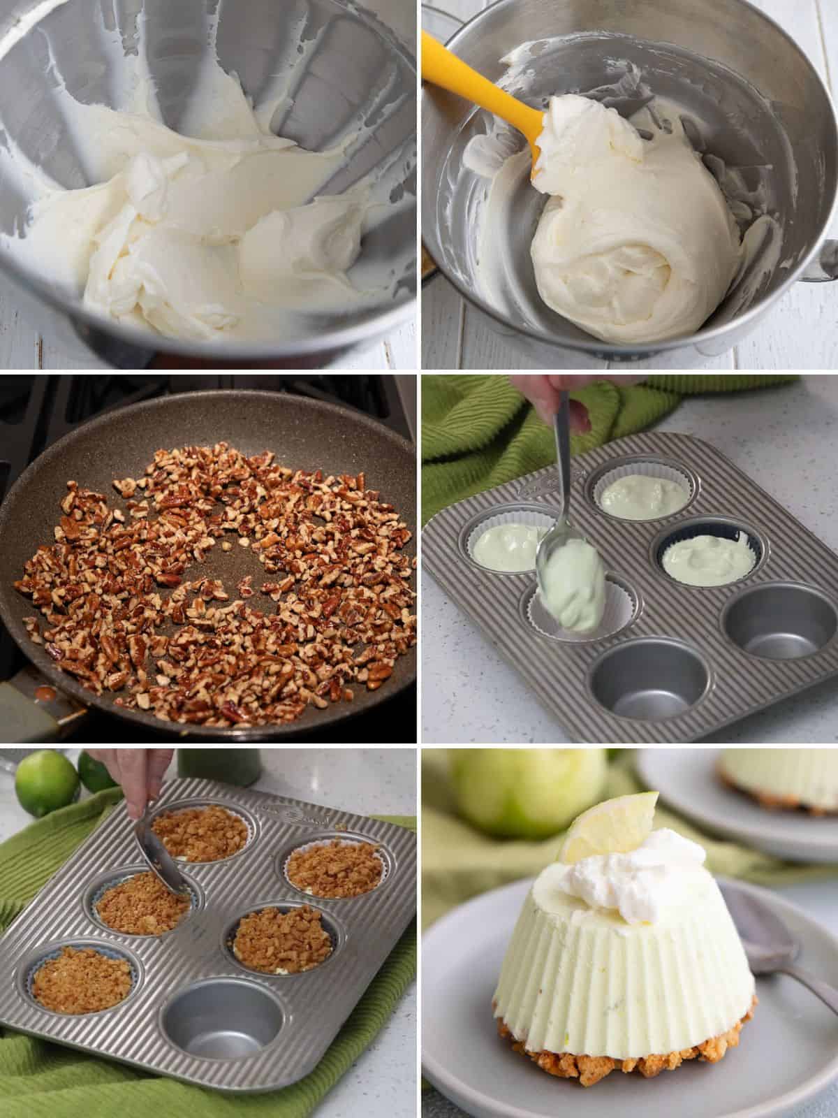 A collage of 6 images showing the steps for making Keto Frozen Key Lime Pies.
