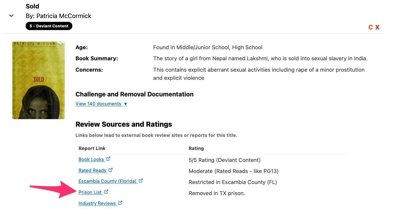 Image of the entry for SOLD by Patricia McCormick as included in the National Book Rating Index. There's a red arrow next to the words "prison list." 