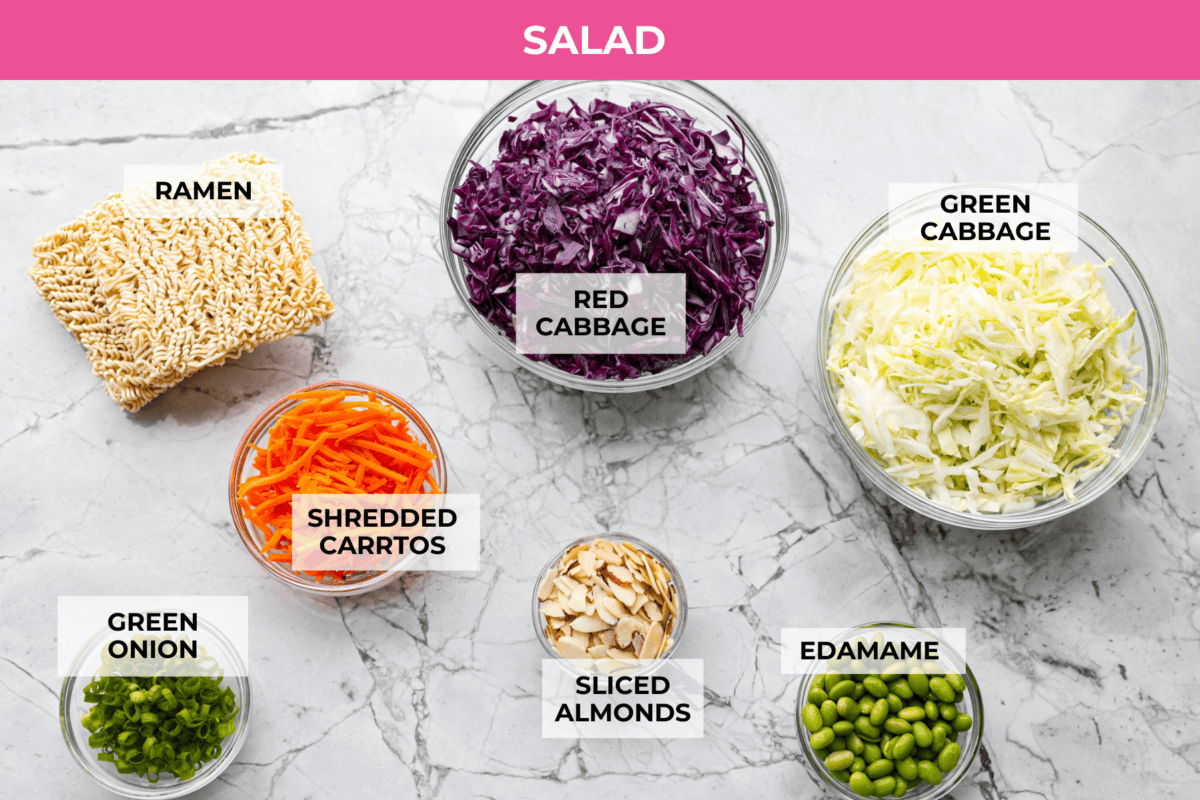 Overhead shot of labeled Asian ramen salad ingredients. 