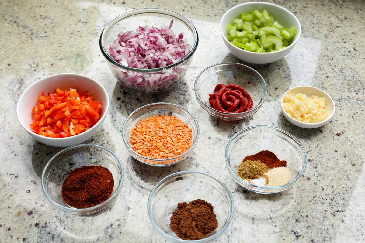 smoky kidney bean chili ingredients on the kitchen counter