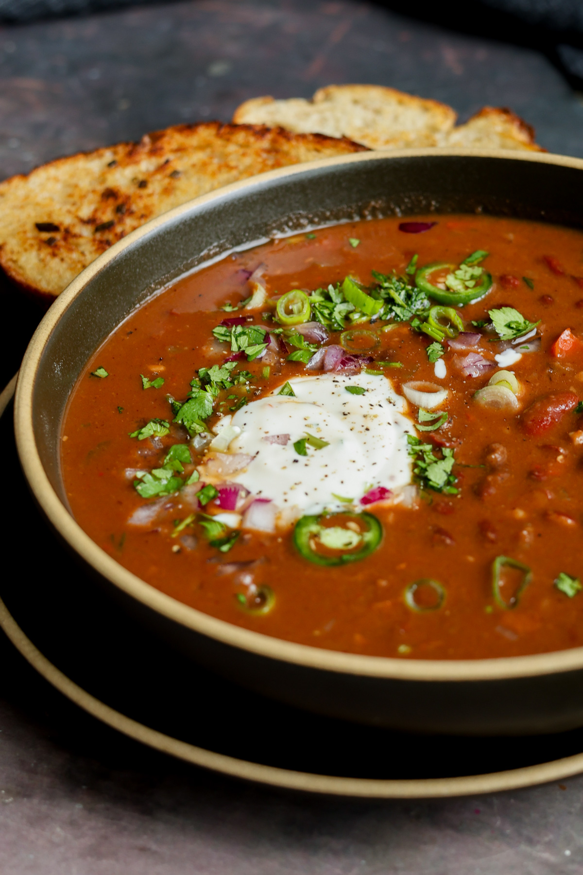 close-up of kidney bean chili in a bowl