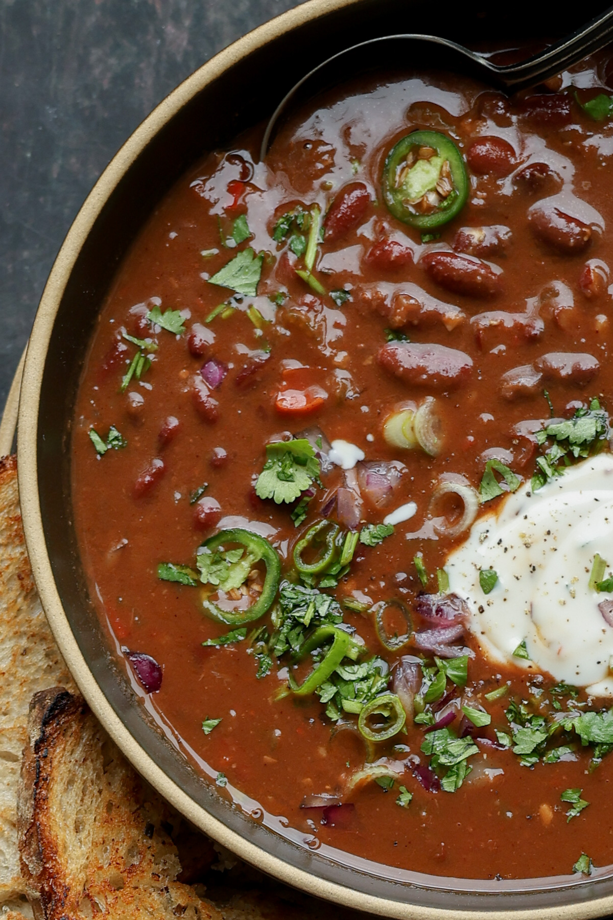 close-up of kidney bean chili in a bowl
