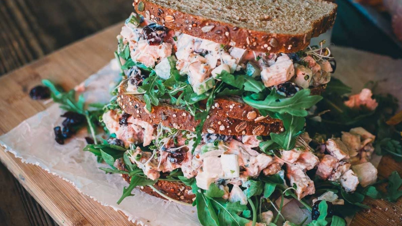 Turkey salad with diced turkey, herbs, and creamy dressing served chilled in a bowl.