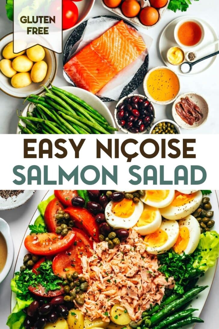 Ingredients for and a salmon nicoise salad with a text overlay for pinterest.