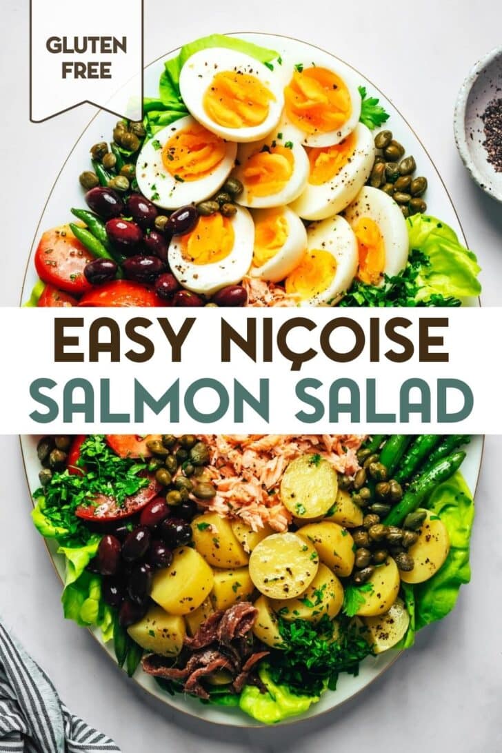A salmon nicoise salad with salad greens, green beans, new potatoes, tomatoes, hard boiled eggs, olives, capers, salmon and herbs on an oval platter with a text overlay for Pinterest.