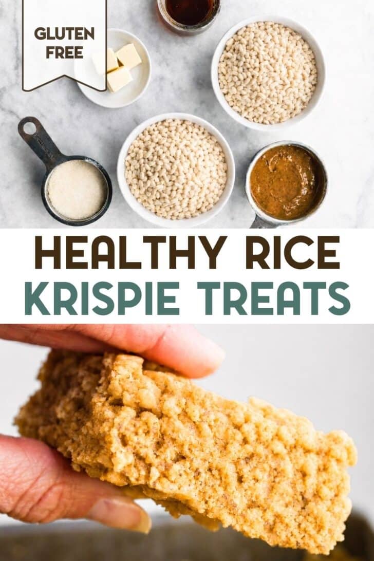 A photo of ingredients and a hand holding a homemade rice crispy bar with a text overlay for Pinterest.