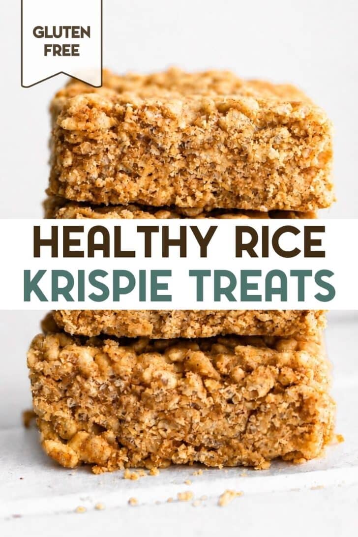 Three homemade healthy rice crispy bars sliced and stacked with a text overlay for Pinterest.