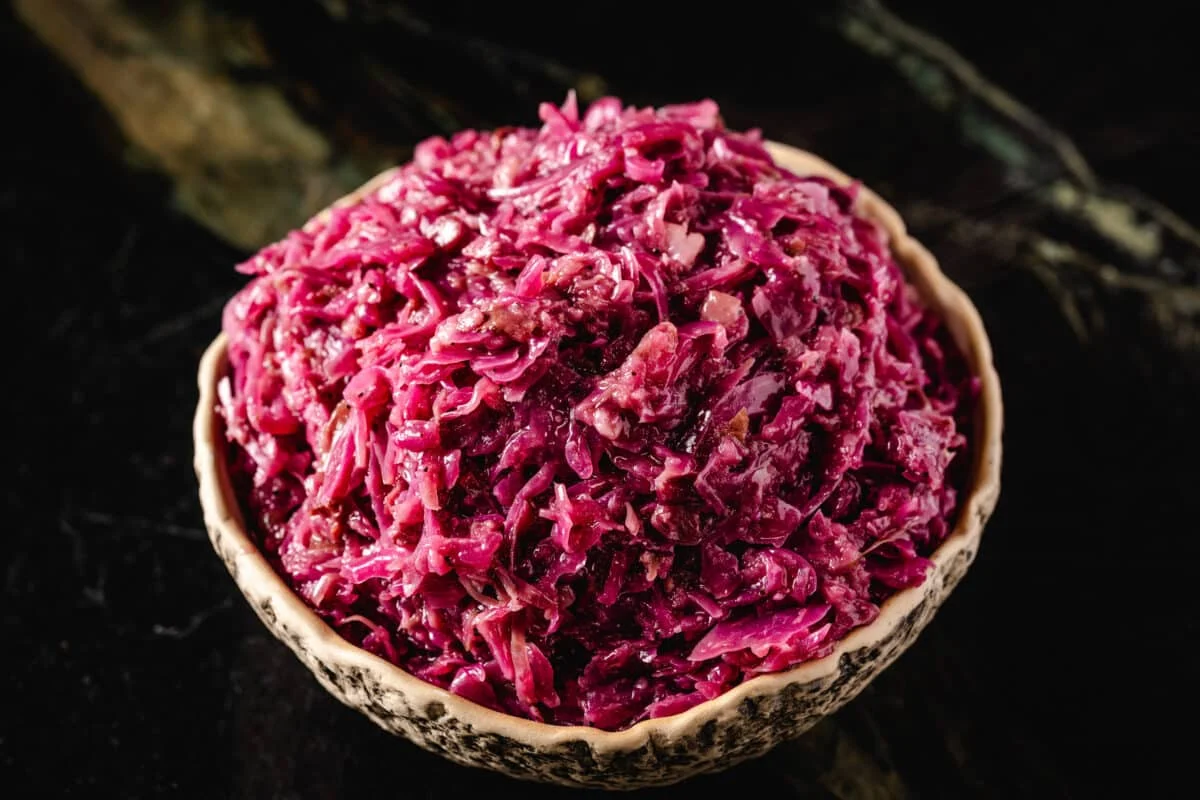 Bowl of German red cabbage (rotkohl).