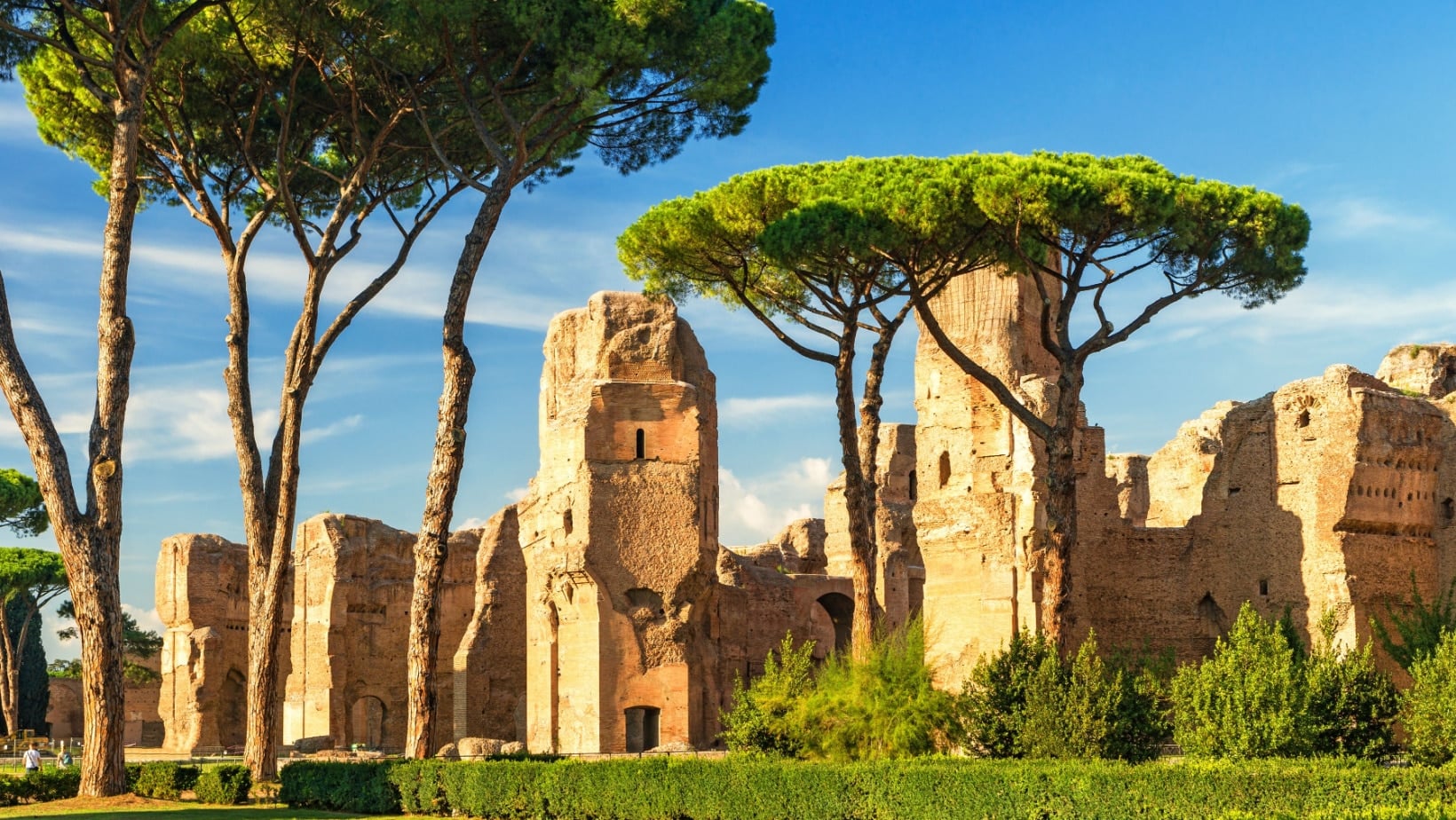 Ruins and green trees. 