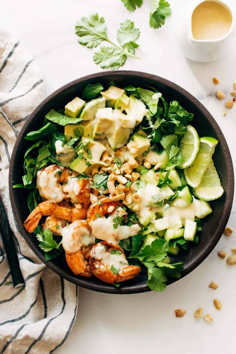 Shrimp and avocado salad in a bowl.