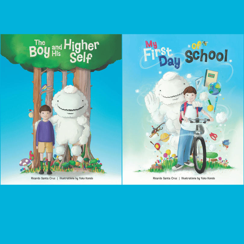 Two children's book covers side by side: left shows a boy with a friendly white cloud-like creature among trees titled 'The Boy and His Higher Self'; right shows a boy with a bicycle and the title 'My First Day of School.'