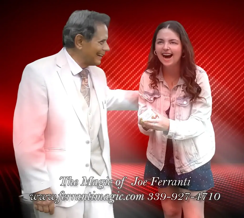 The Magic of Joe Ferranti Magician or Illusionist Joe Ferranti performs a little mind reading for an excited young woman