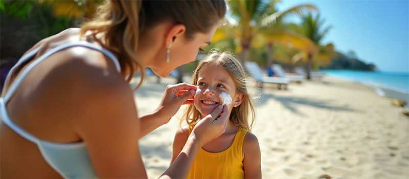 Parent applying sunscreen to child at playground promoting early UV protection habits