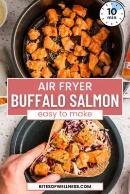 buffalo salmon in air fryer basket.