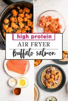 buffalo salmon in air fryer basket.