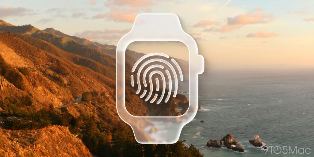 Apple has reportedly rejected Touch ID for the Apple Watch due to battery life | Image shows a liquid glass representation of an Apple Watch and a fingerprint