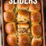 A baking dish filled with twelve Big Mac sliders on buns, arranged in rows, with melted cheese and lettuce. Text reads, "How to make Big Mac sliders.