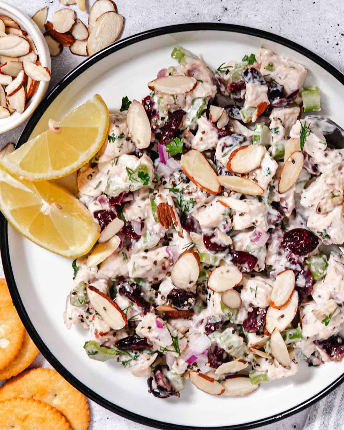 Turkey salad with dried cranberries and sliced almonds served with lemon wedges and crackers.