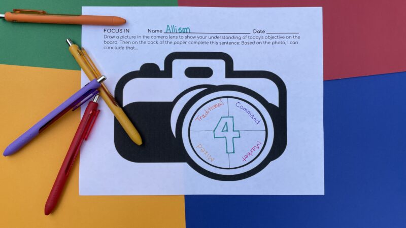 focus in An illustration of a camera with writing in the white portions of the worksheet