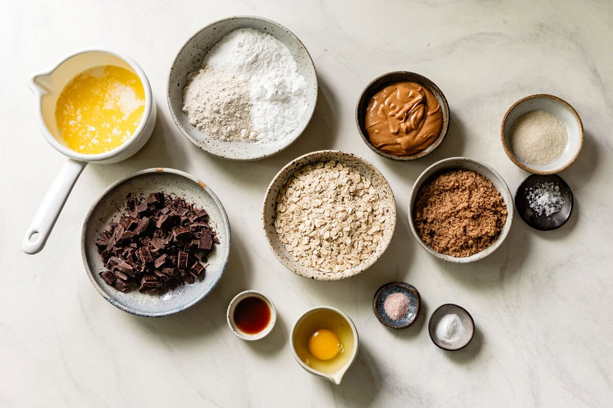cookie ingredients mise en place on a marble surface