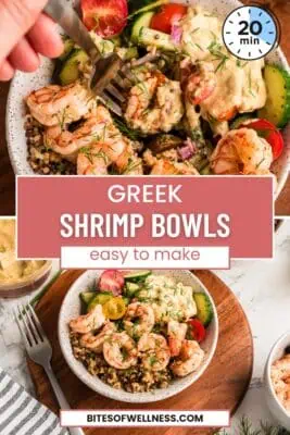 Greek shrimp bowls filled with shrimp, quinoa, cucumber tomato salad on a wood plate.