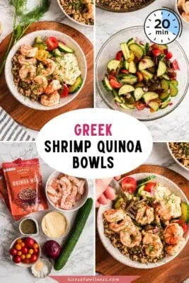 Greek shrimp bowls filled with shrimp, quinoa, cucumber tomato salad on a wood plate.
