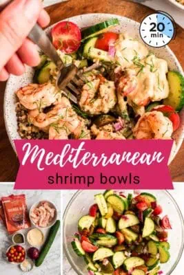 Greek shrimp bowls filled with shrimp, quinoa, cucumber tomato salad on a wood plate.