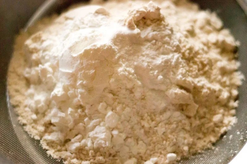 Dry ingredients in a sieve.
