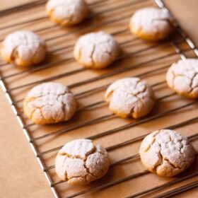 Icing sugar dusted orange cookies on a rack.