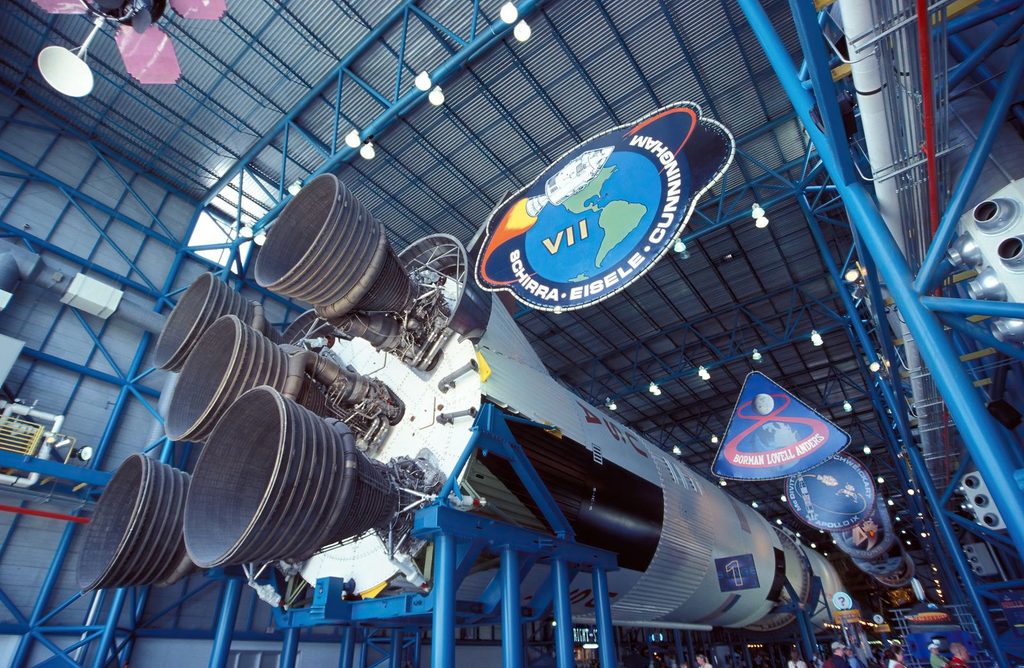 The Saturn V rocket on display inside the Apollo hall at Kennedy Space Center