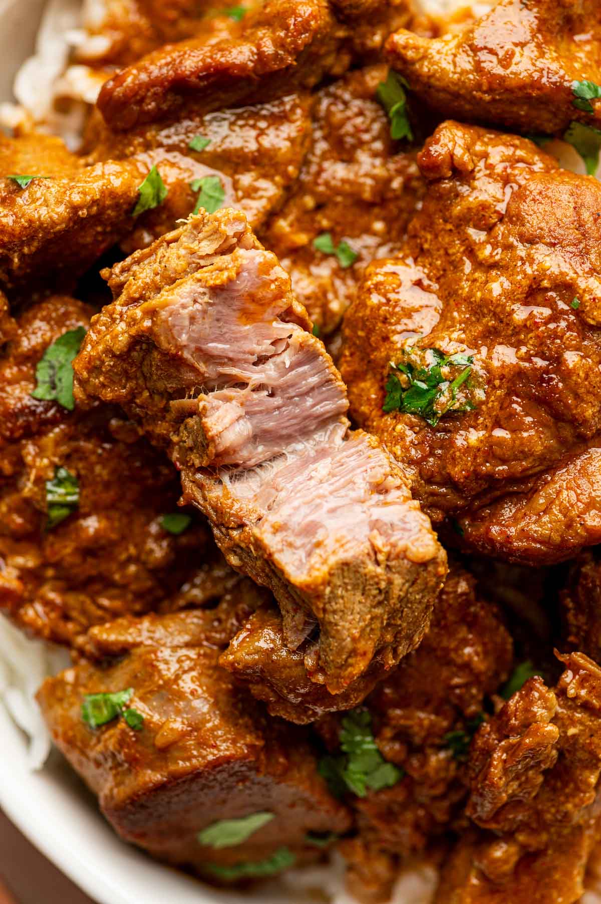 Close-up of tender, shredded lamb chunks coated in a rich, brown sauce and garnished with chopped herbs.