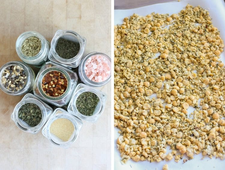 A collage photo of vegan sausage crumbles on a tray and spice jars