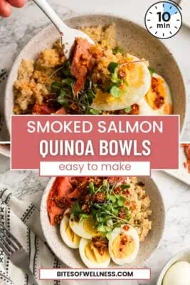 Bowl filled with quinoa, smoked salmon, hard boiled eggs topped with microgreens.