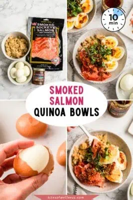 Bowl filled with quinoa, smoked salmon, hard boiled eggs topped with microgreens.