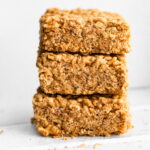 Three homemade healthy rice crispy bars sliced and stacked