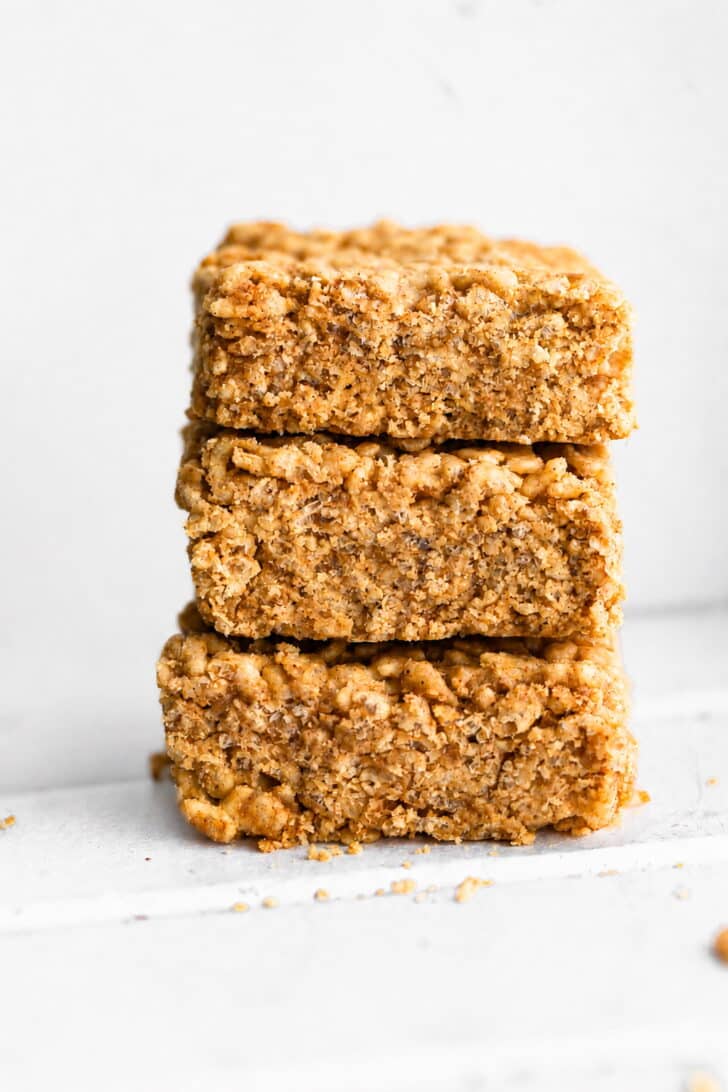 Three homemade healthy rice crispy bars sliced and stacked