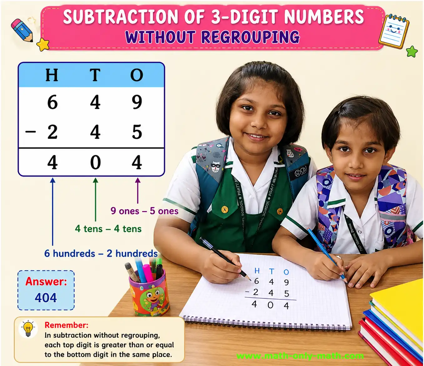 Subtracting 3-Digit Numbers without Regrouping Subtracting 3-Digit Numbers without Regrouping
