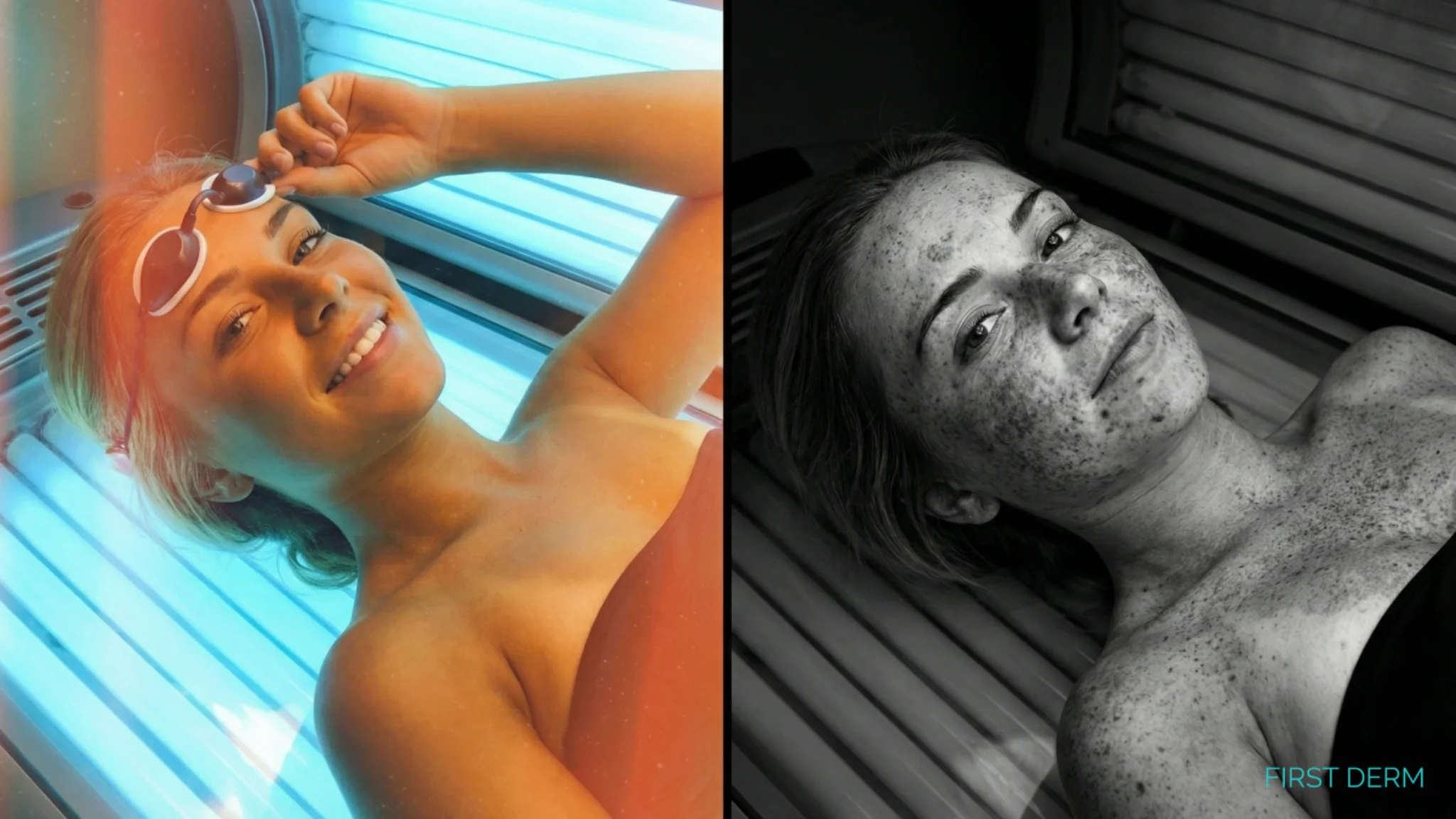 Split-screen image showing tanning bed glow vs UV imaging revealing DNA damage, premature aging, and the 75% higher melanoma risk linked to indoor tanning