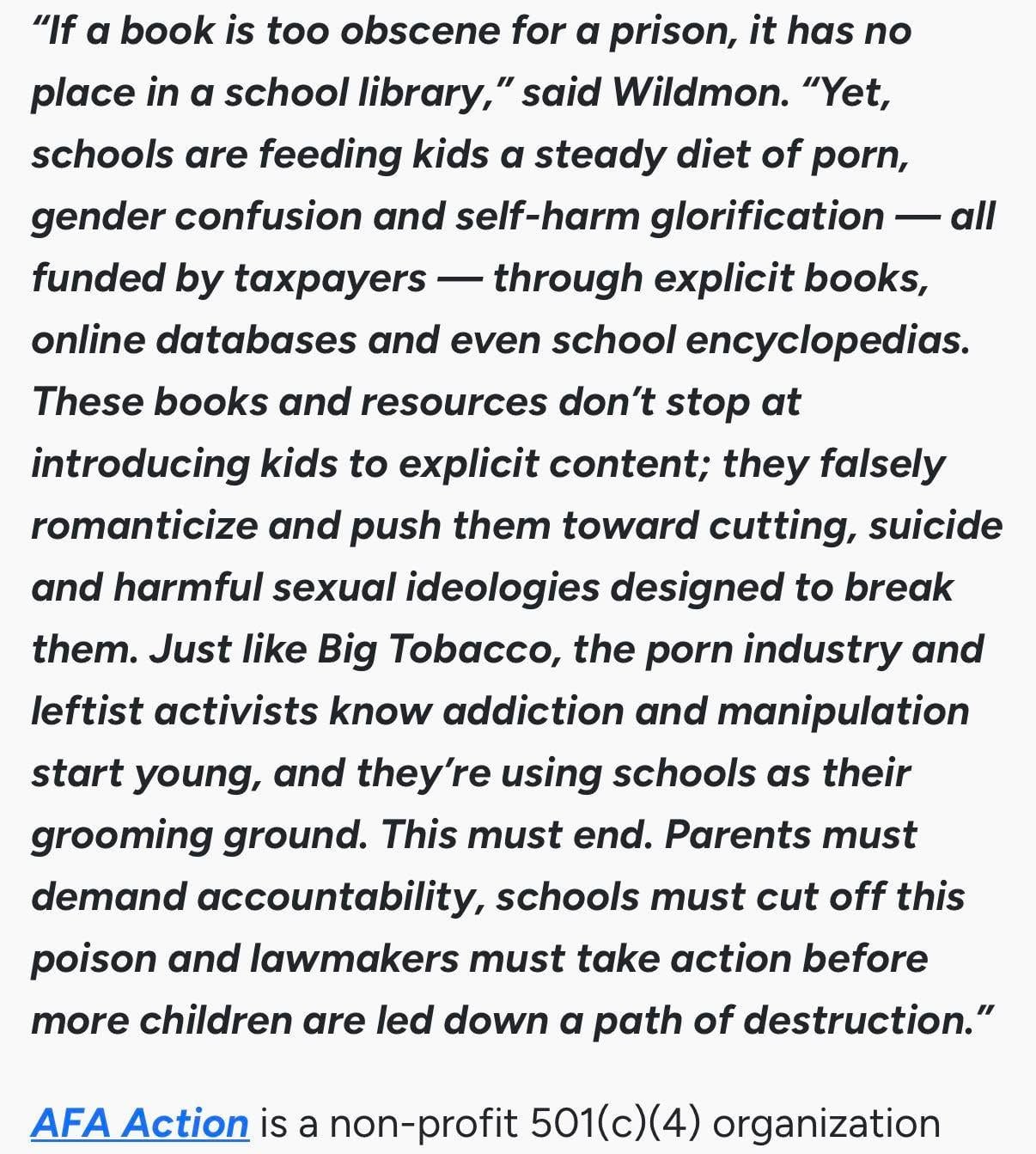 Screenshot from an American Family Association article about how books too obscene for prisons shouldn't be in a library because they "falsely romanticize and push them toward cutting, suicide, and harmful sexual ideologies designed to break them," comparing books to...Big Tobacco. 