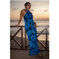 Blue Floral Occasion Halter Maxi Dress