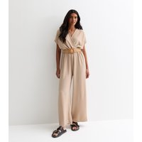 Beige Short Sleeves Elasticated Waist Belted Jumpsuit