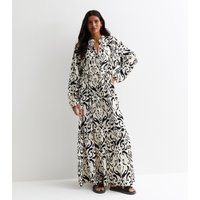 White Ikat Print Tie Waist Maxi Dress