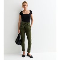 Khaki High Waist Belted Tapered Trousers