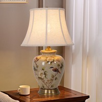 Vintage Ceramic Bird-Pattern Table Lamp – Hand-Painted, Brass Base with Fabric Shade for Living Room & Bedroom